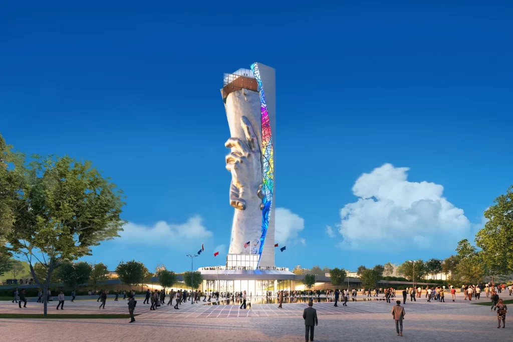 Statue of Responsibility towering over a public plaza, surrounded by diverse visitors, with colorful lighting and a clear blue sky, symbolizing the connection between responsibility and liberty.