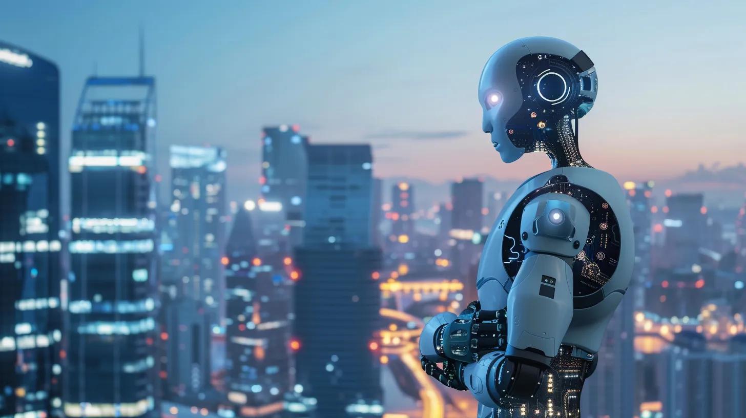 Robot with futuristic design overlooking a city skyline at dusk, symbolizing automation and AI integration in business.