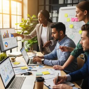 Entrepreneurs collaborating on market research in a modern workspace