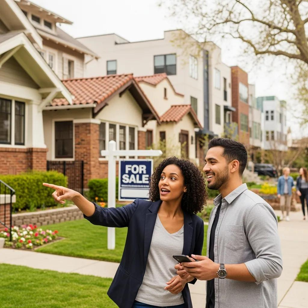 Young couple walking a neighborhood while evaluating potential investment properties