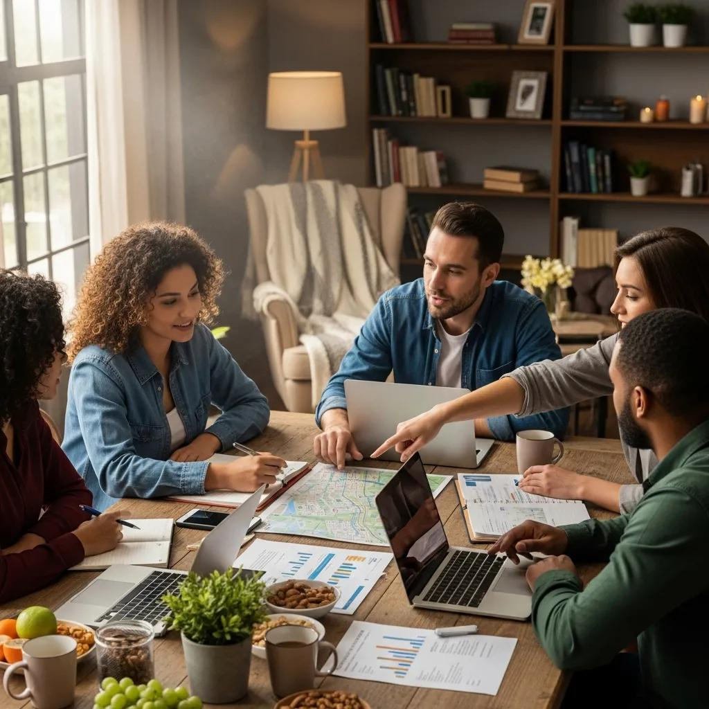 A diverse group of new real estate investors planning together in a relaxed room
