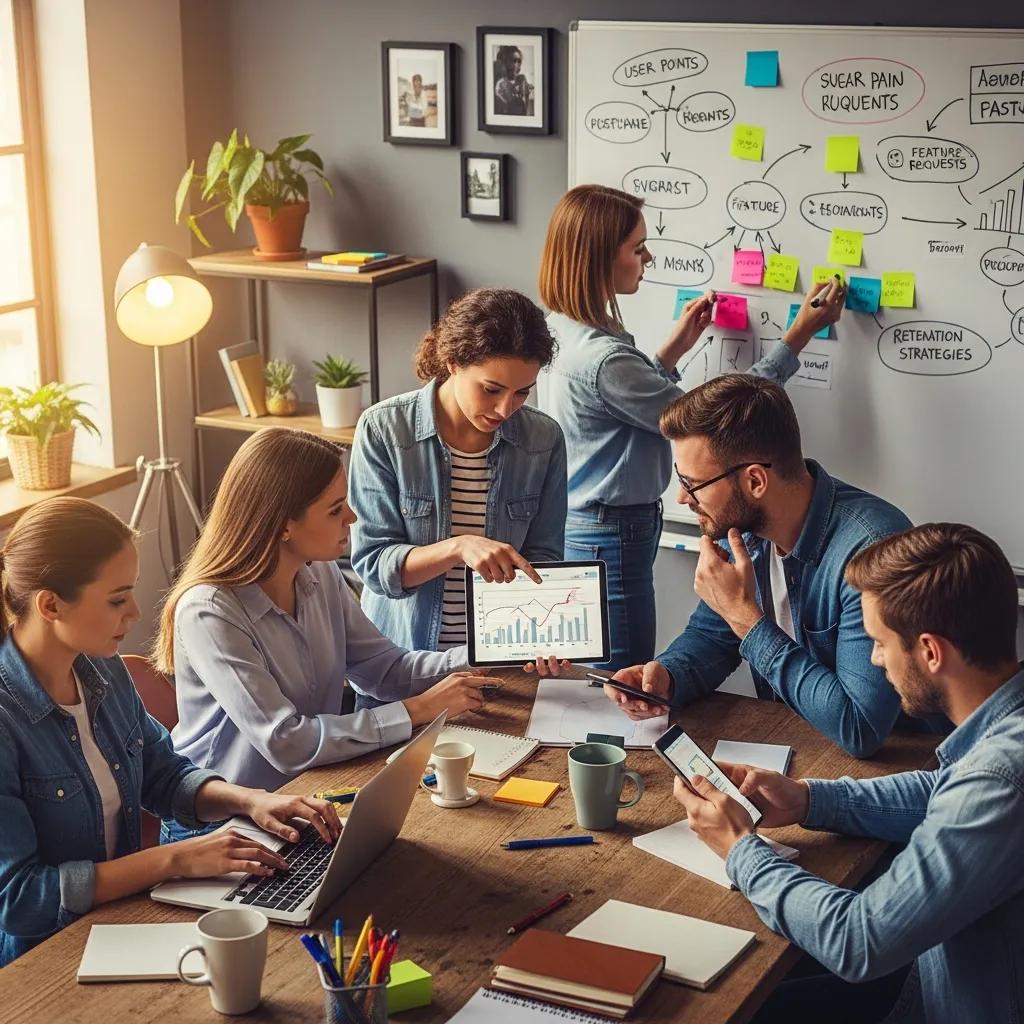 Startup team reviewing customer feedback around a table