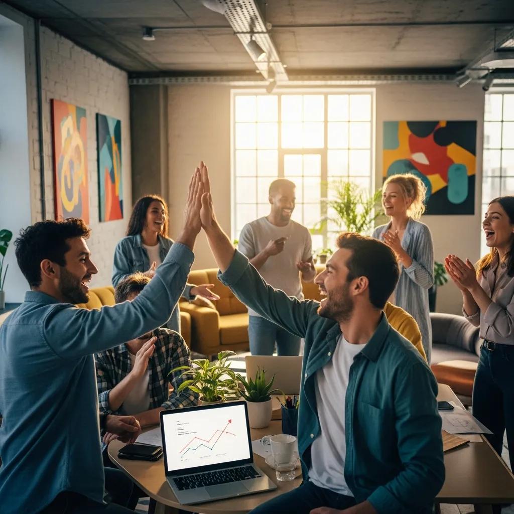 Team celebrating success in a modern office, illustrating the benefits of delegation and teamwork